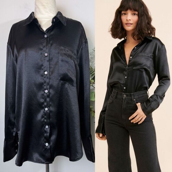 FREE PEOPLE| shooting for the moon satin shirt | Large | black button down - Picture 1 of 15